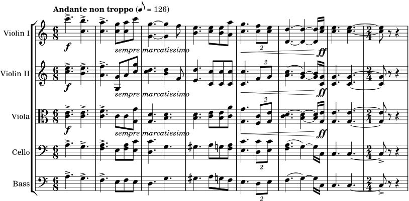 \new StaffGroup << \new Staff \with { instrumentName = "Violin I" } { \fixed c' { \clef treble \set Staff.midiInstrument = #"violin" \key c \major \time 6/8 \tempo "Andante non troppo" 8 = 126 c''4.->\f <c' b'>4.-> | <c' a'>4.-> <c' g'>8_\markup { \italic "sempre marcatissimo" } <c' a'>8 c''8 | <g g'>4.~ <g g'>4 f'8 | <b e'>4. <c' e'>8 <b e'>8 <a a'>8 | <c' g'>4.\< \tuplet 2/3 { <c' f'>8 <c' e'>8 } | <d d'>4.~ <d d'>4~ <d d'>16 <c' e'>16\ff | <c' e'>4. <c' e'>4.~ | \time 2/4 <c' e'>8 r8 r4 } } \new Staff \with { instrumentName = "Violin II" } { \clef treble \set Staff.midiInstrument = #"violin" \key c \major <c'' e''>4.->\f <b' e''>4.-> | <a' f''>4.-> <g g'>8_\markup { \italic "sempre marcatissimo" } a'8 <c'' g''>8 | <c'' d''>4. <b' d''>4 f'8 | <e' d''>4. <c' c''>8 <c' c''>8 <c' c''>8 | <c' c''>4.\< \tuplet 2/3 { f'8 g'8 } | (<a' c''>4. <g' b'>4~) <g' b'>16 <c' g'>16\ff | <c' g'>4. <c' g'>4.~ | \time 2/4 <c' g'>8 r8 r4 } \new Staff \with { instrumentName = "Viola" } { \clef alto \set Staff.midiInstrument = #"viola" \key c \major <c' e'>4.->\f <c' e'>4.-> | <c' f'>4.-> c'8_\markup { \italic "sempre marcatissimo" } c'8 <g g'>8 | <g d'>4. <b d'>4. | <b d'>4. <c' e'>8 <b e'>8 <c' a'>8 | <g g'>4.\< \tuplet 2/3 { <f c'>8 <g e'>8 } | <c' d'>4.~ <b d'>4~ <b d'>16 <g e'>16\ff | <g e'>4. <g e'>4.~ | \time 2/4 <g e'>8 r8 r4 } \new Staff \with { instrumentName = "Cello" } { \clef bass \set Staff.midiInstrument = #"cello" \key c \major a4.^> g4.^> | <f a>4.^> e8 <f a>8 <e c'>8 | <d c'>4. g4. | gis4. a8 g8 <f a>8 | <e c'>4. \tuplet 2/3 { <d c'>8 <e c'>8 } | (<f a>4.~ g4~) g16 c16 | c4. c4.~ | c8-> r8 r4 } \new Staff \with { instrumentName = "Bass" } { \clef bass \set Staff.midiInstrument = #"contrabass" \key c \major \time 6/8 a4.^> g4.^> | f4.^> e8 f8 e8 | d4. g4. | gis4. a8 g8 f8 | e4. \tuplet 2/3 { d8 e8 } | (f4. g4~) g16 c16 | c4. c4.~ | c8-> r8 r4} >>