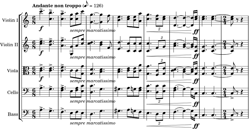 \new StaffGroup << \new Staff \with { instrumentName = "Violin I" } { \fixed c' { \clef treble \set Staff.midiInstrument = #"violin" \key c \major \time 6/8 \tempo "Andante non troppo" 8 = 126 c''4.->\f <c' b'>4.-> | <c' a'>4.-> <c' g'>8_\markup { \italic "sempre marcatissimo" } <c' a'>8 c''8 | <g g'>4.~ <g g'>4 f'8 | <b e'>4. <c' e'>8 <b e'>8 <a a'>8 | <c' g'>4.\< \tuplet 2/3 { <c' f'>8 <c' e'>8 } | <d d'>4.~ <d d'>4~ <d d'>16 <c' e'>16\ff | <c' e'>4. <c' e'>4.~ | \time 2/4 <c' e'>8 r8 r4 } } \new Staff \with { instrumentName = "Violin II" } { \clef treble \set Staff.midiInstrument = #"violin" \key c \major <c'' e''>4.->\f <b' e''>4.-> | <a' f''>4.-> <g g'>8_\markup { \italic "sempre marcatissimo" } a'8 <c'' g''>8 | <c'' d''>4. <b' d''>4 f'8 | <e' d''>4. <c' c''>8 <c' c''>8 <c' c''>8 | <c' c''>4.\< \tuplet 2/3 { f'8 g'8 } | (<a' c''>4. <g' b'>4~) <g' b'>16 <c' g'>16\ff | <c' g'>4. <c' g'>4.~ | \time 2/4 <c' g'>8 r8 r4 } \new Staff \with { instrumentName = "Viola" } { \clef alto \set Staff.midiInstrument = #"viola" \key c \major <c' e'>4.->\f <c' e'>4.-> | <c' f'>4.-> c'8_\markup { \italic "sempre marcatissimo" } c'8 <g g'>8 | <g d'>4. <b d'>4. | <b d'>4. <c' e'>8 <b e'>8 <c' a'>8 | <g g'>4.\< \tuplet 2/3 { <f c'>8 <g e'>8 } | <c' d'>4.~ <b d'>4~ <b d'>16 <g e'>16\ff | <g e'>4. <g e'>4.~ | \time 2/4 <g e'>8 r8 r4 } \new Staff \with { instrumentName = "Cello" } { \clef bass \set Staff.midiInstrument = #"cello" \key c \major a4.^> g4.^> | <f a>4.^> e8_\markup { \italic "sempre marcatissimo" } <f a>8 <e c'>8 | <d c'>4. g4. | gis4. a8 g8 <f a>8 | <e c'>4.\< \tuplet 2/3 { <d c'>8 <e c'>8 } | (<f a>4.~ g4~) g16 c16\ff | c4. c4.~ | c8-> r8 r4 } \new Staff \with { instrumentName = "Bass" } { \clef bass \set Staff.midiInstrument = #"contrabass" \key c \major \time 6/8 a4.^> g4.^> | f4.^> e8_\markup { \italic "sempre marcatissimo" } f8 e8 | d4. g4. | gis4. a8 g8 f8 | e4.\< \tuplet 2/3 { d8 e8 } | (f4. g4~) g16 c16\ff | c4. c4.~ | c8-> r8 r4} >>