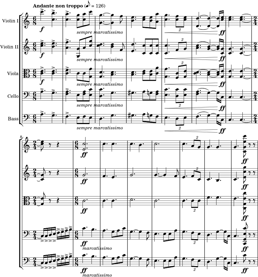 \new StaffGroup << \new Staff \with { instrumentName = "Violin I" } { \fixed c' { \clef treble \set Staff.midiInstrument = #"violin" \key c \major \time 6/8 \tempo "Andante non troppo" 8 = 126 c''4.->\f <c' b'>4.-> | <c' a'>4.-> <c' g'>8_\markup { \italic "sempre marcatissimo" } <c' a'>8 c''8 | <g g'>4.~ <g g'>4 f'8 | <b e'>4. <c' e'>8 <b e'>8 <a a'>8 | <c' g'>4.\< \tuplet 2/3 { <c' f'>8 <c' e'>8 } | <d d'>4.~ <d d'>4~ <d d'>16 <c' e'>16\ff | <c' e'>4. <c' e'>4.~ | \time 2/4 <c' e'>8 r8 r4 | <e c'>2.\ff | c'4. c'4. | c'4. b4. | c'2. | c'4. \tuplet 2/3 {a8 g8} | g4. g4. | g4. <c g e' c''>8\ff r8 r8} } \new Staff \with { instrumentName = "Violin II" } { \clef treble \set Staff.midiInstrument = #"violin" \key c \major <c'' e''>4.->\f <b' e''>4.-> | <a' f''>4.-> <g g'>8_\markup { \italic "sempre marcatissimo" } a'8 <c'' g''>8 | <c'' d''>4. <b' d''>4 f'8 | <e' d''>4. <c' c''>8 <c' c''>8 <c' c''>8 | <c' c''>4.\< \tuplet 2/3 { f'8 g'8 } | (<a' c''>4. <g' b'>4~) <g' b'>16 <c' g'>16\ff | <c' g'>4. <c' g'>4.~ | \time 2/4 <c' g'>8 r8 r4 | g'2.\ff | f'4. e'4. | g'2. | g'4.~ g'4 f'8 | e'4. \tuplet 2/3 {f'8 c'8} | c'4. b4. | c'4. <e' c'' g''>8\ff r8 r8 } \new Staff \with { instrumentName = "Viola" } { \clef alto \set Staff.midiInstrument = #"viola" \key c \major <c' e'>4.->\f <c' e'>4.-> | <c' f'>4.-> c'8_\markup { \italic "sempre marcatissimo" } c'8 <g g'>8 | <g d'>4. <b d'>4. | <b d'>4. <c' e'>8 <b e'>8 <c' a'>8 | <g g'>4.\< \tuplet 2/3 { <f c'>8 <g e'>8 } | <c' d'>4.~ <b d'>4~ <b d'>16 <g e'>16\ff | <g e'>4. <g e'>4.~ | \time 2/4 <g e'>8 r8 r4 | c'2.\ff | c'4. c'4. | d'2. | c'2. | c'4. \tuplet 2/3 {c'8 c'8} | f'4. f'4. | e'4. <c g e' c''>8\ff r8 r8 } \new Staff \with { instrumentName = "Cello" } { \clef bass \set Staff.midiInstrument = #"cello" \key c \major a4.^> g4.^> | <f a>4.^> e8_\markup { \italic "sempre marcatissimo" } <f a>8 <e c'>8 | <d c'>4. g4. | gis4. a8 g8 <f a>8 | <e c'>4.\< \tuplet 2/3 { <d c'>8 <e c'>8 } | (<f a>4.~ g4~) g16 c16\ff | c4. c4.~ | c16-> c16-> d16-> e16-> f16-> g16-> a16-> b16-> | \time 6/8 c'4.\ff_\markup { \italic "marcatissimo" } b4. | a4. g8 a8 c'8 | g4.~ g4 f8 | e4. e8 e8 a8 | g4. \tuplet 2/3 {f8 e8} | d4. g4~ g16 c16 | c4. <c, g, e c'>8\ff r8 r8 } \new Staff \with { instrumentName = "Bass" } { \clef bass \set Staff.midiInstrument = #"contrabass" \key c \major \time 6/8 a4.^> g4.^> | f4.^> e8_\markup { \italic "sempre marcatissimo" } f8 e8 | d4. g4. | gis4. a8 g8 f8 | e4.\< \tuplet 2/3 { d8 e8 } | (f4. g4~) g16 c16\ff | c4. c4.~ | c16-> c16-> d16-> e16-> f16-> g16-> a16-> b16-> | c'4.\ff_\markup { \italic "marcatissimo" } b4. | a4. g8 a8 c'8 | g4.~ g4 f8 | e4. e8 e8 a8 | g4. \tuplet 2/3 {f8 e8} | d4. g4~ g16 c16 | c4. c'8\ff r8 r8 } >>