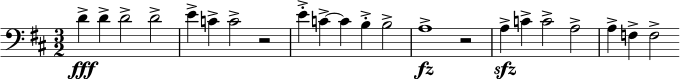 \relative c' { \clef bass \time 3/2 \key d \major d->\fff d-> d2-> d-> | e4-> c-> c2-> r | e4->-. c->~ c b->-. b2-> | a1->\fz r2 | a4->\sfz c-> c2-> a-> | a4-> f-> f2-> }